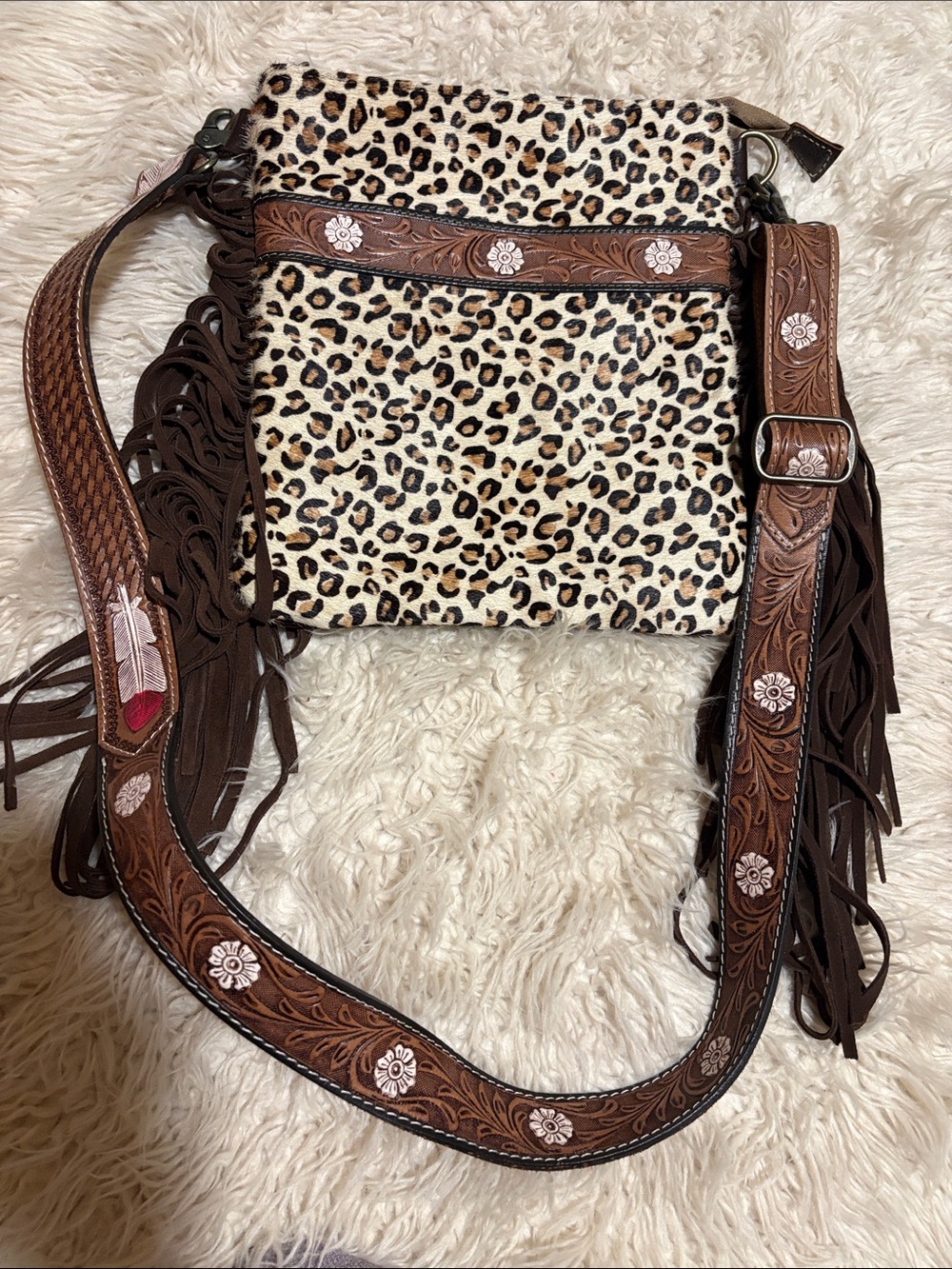 Myra Bag Leopard Print Crossbody with Brown Fringe - Picture 3 of 5
